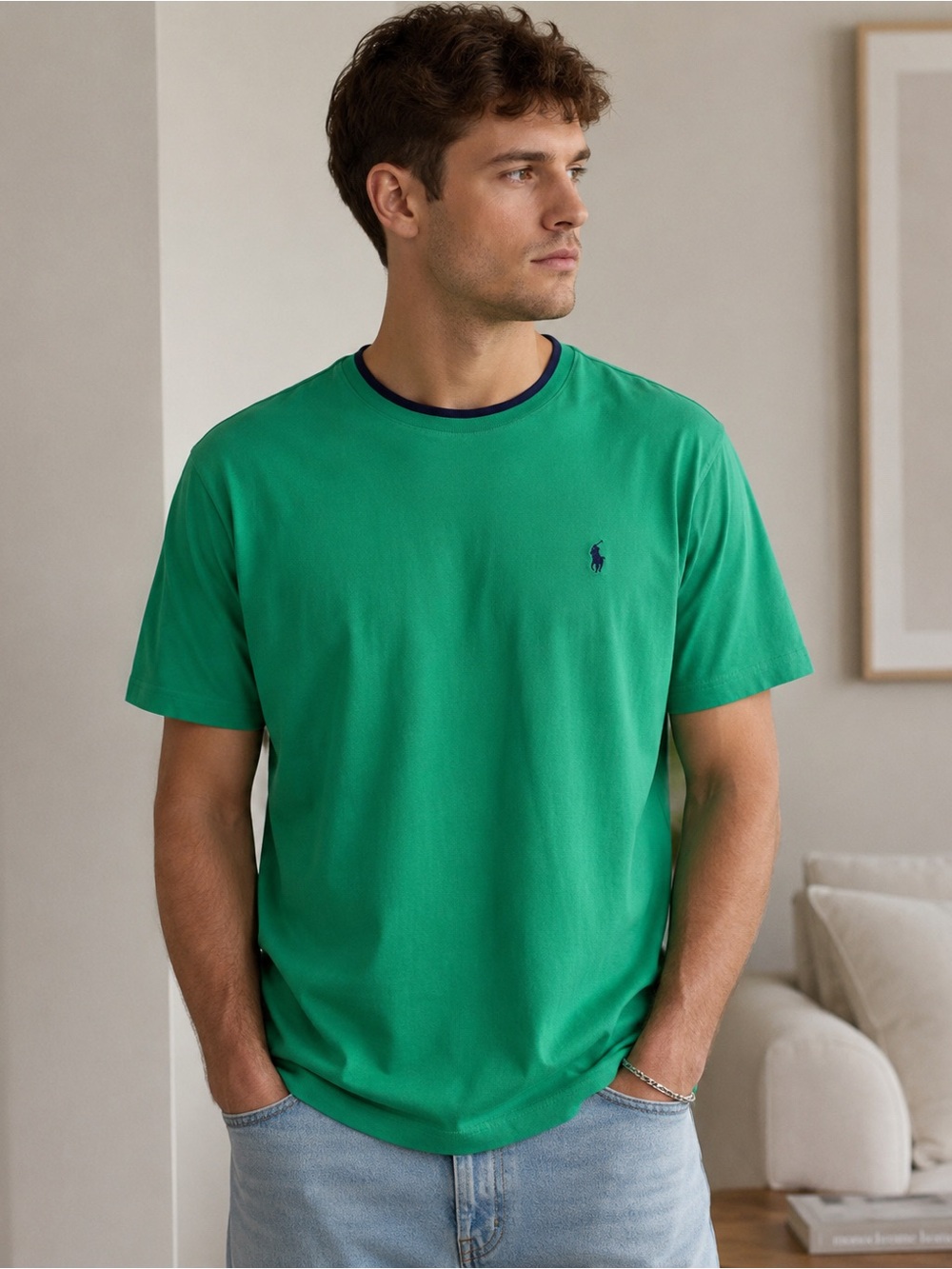 Ralph Lauren Green Short-Sleeve Crewneck Tee with Navy Trim